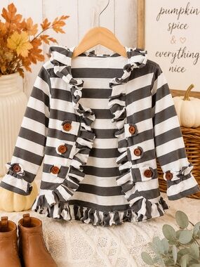 Pipperdoodles Boutique Toddler Girl Ruffle Cardigan Sweater Gray White Stripe 2T